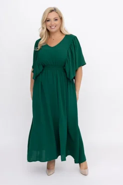 Polski Butelkowozielona Sukienka z marszczeniem VELUZINO