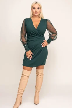 Włoski Butelkowozielona Sukienka z przezroczystymi rękawami GERGIO