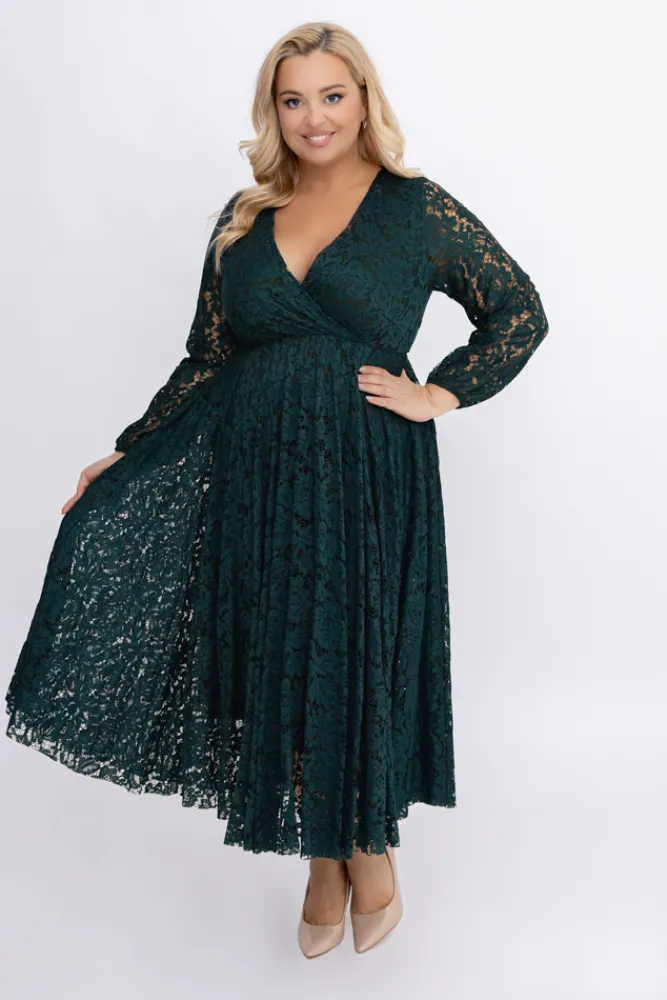 Włoski Butelkowozielona Sukienka koronkowa VERIENA