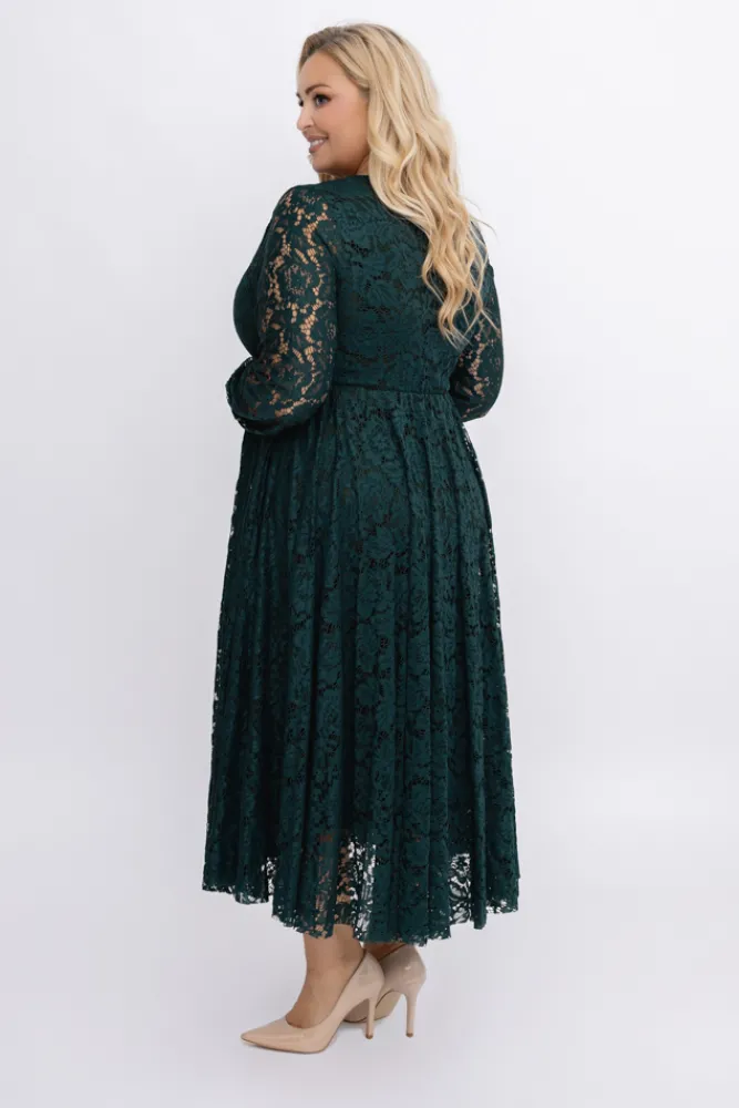 Włoski Butelkowozielona Sukienka koronkowa VERIENA