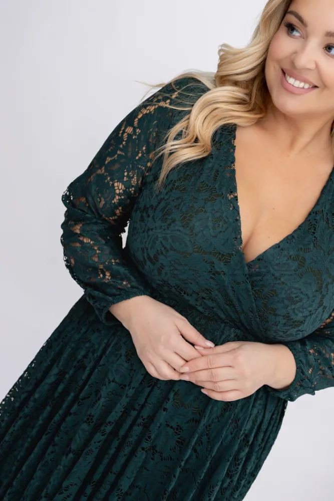 Włoski Butelkowozielona Sukienka koronkowa VERIENA