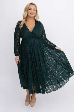 Włoski Butelkowozielona Sukienka koronkowa VERIENA