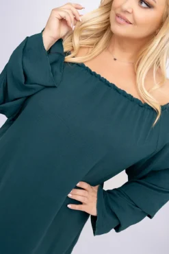 Polski Butelkowozielona Sukienka z marszczonymi rękawami ALBEGA