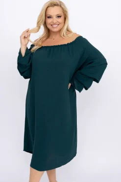 Polski Butelkowozielona Sukienka z marszczonymi rękawami ALBEGA