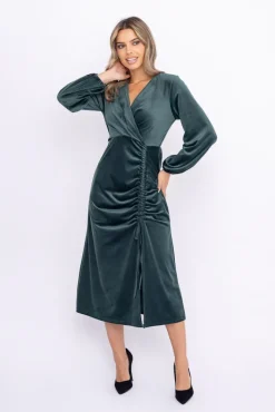 Włoski Butelkowozielona Sukienka welurowa z marszczeniem PERTIMENA