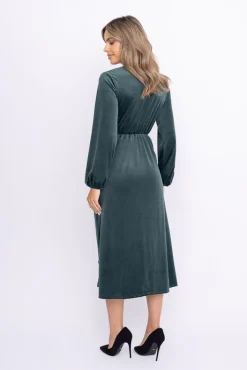 Włoski Butelkowozielona Sukienka welurowa z marszczeniem PERTIMENA