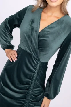 Włoski Butelkowozielona Sukienka welurowa z marszczeniem PERTIMENA