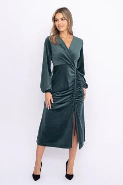 Włoski Butelkowozielona Sukienka welurowa z marszczeniem PERTIMENA