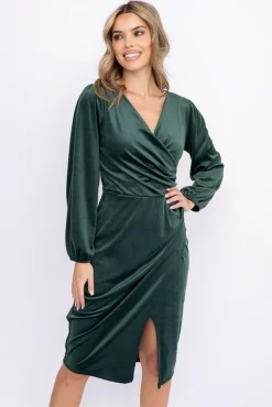 Włoski Butelkowozielona Sukienka welurowa BEVERLY