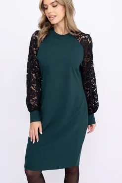 Włoski Butelkowozielona Sukienka z koronkowymi rękawami LESTER