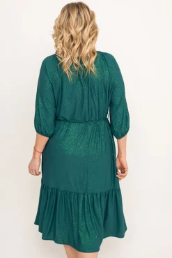 Polski Butelkowozielona Sukienka brokatowa z paskiem PENTUZI