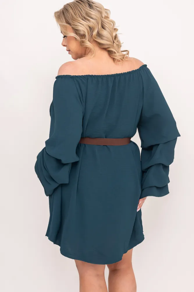 Polski Butelkowozielona Sukienka z marszczonymi rękawami LERTIA