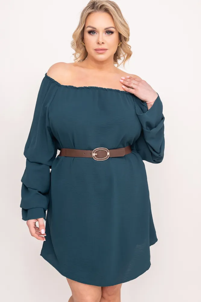 Polski Butelkowozielona Sukienka z marszczonymi rękawami LERTIA