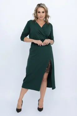 Włoski Butelkowozielona Sukienka z koronką AMELIEN