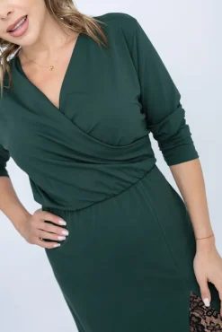 Włoski Butelkowozielona Sukienka z koronką AMELIEN