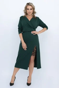 Włoski Butelkowozielona Sukienka z koronką AMELIEN