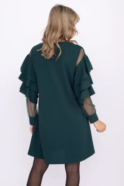 Włoski Butelkowozielona Sukienka z falbanami DARIEN