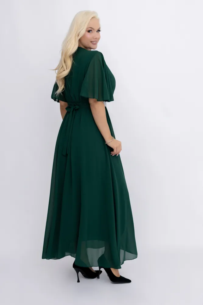 Włoski Butelkowozielona Sukienka szyfonowa z paskiem EGELI