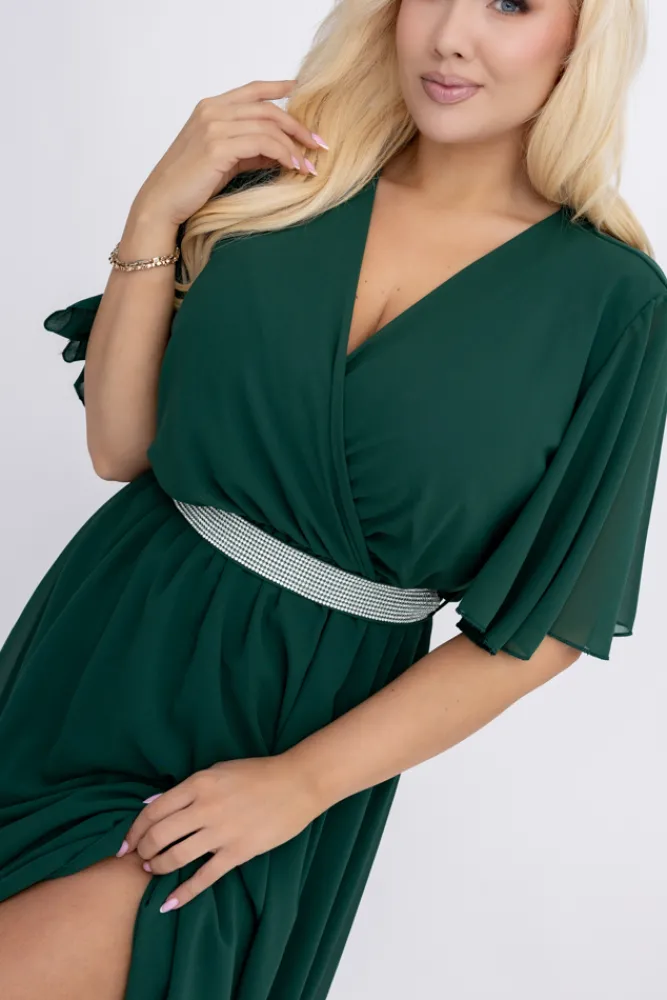 Włoski Butelkowozielona Sukienka szyfonowa z paskiem EGELI