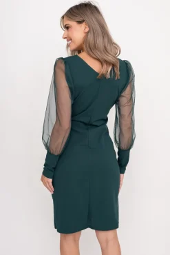 Włoski Butelkowozielona Sukienka z prześwitującymi rękawami CELLIN