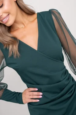 Włoski Butelkowozielona Sukienka z prześwitującymi rękawami CELLIN