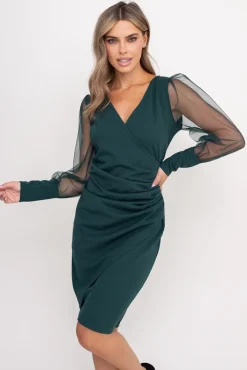 Włoski Butelkowozielona Sukienka z prześwitującymi rękawami CELLIN
