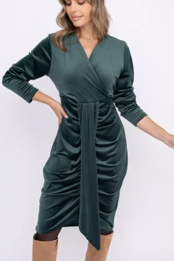 Włoski Butelkowozielona Sukienka welurowa PAFINERI