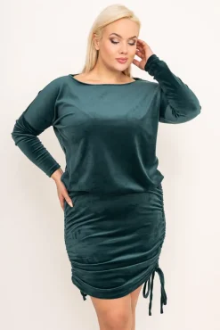 Polski Butelkowozielona welurowa Sukienka z marszczeniem VELVI