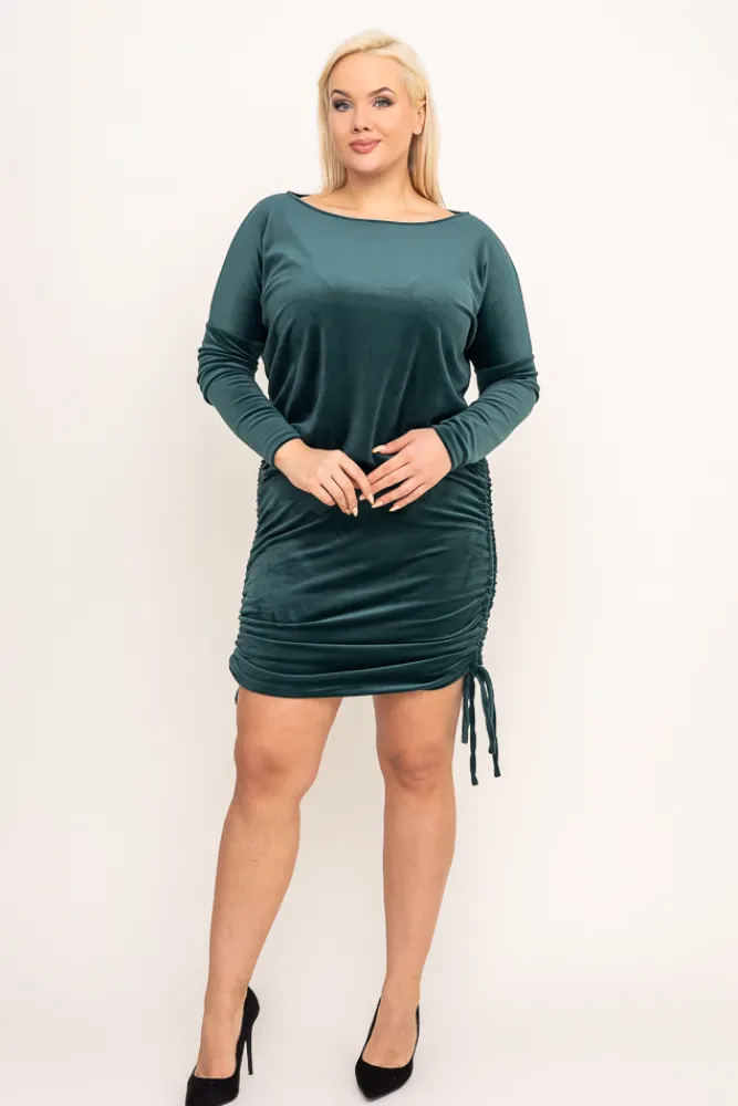 Polski Butelkowozielona welurowa Sukienka z marszczeniem VELVI