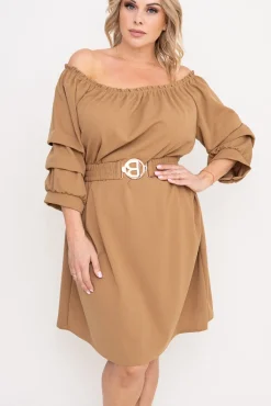 Włoski Camelowa Sukienka z paskiem VOUGI