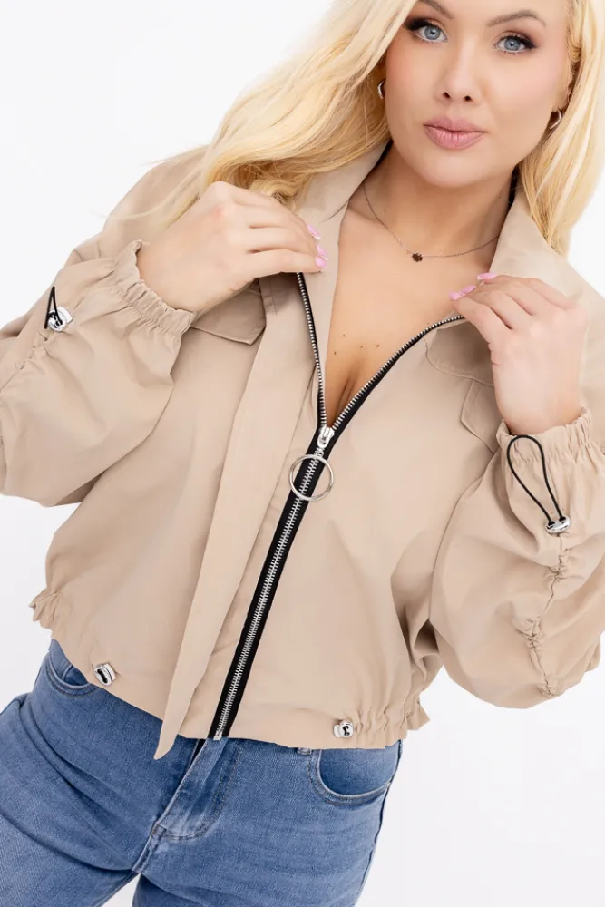 Damskie Włoski Ciemnobeżowa Kurtka z marszczeniami VASTI