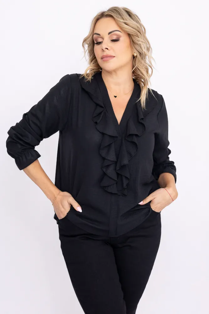 Damskie Włoski Czarna Bluzka błyszcząca z żabotem MARIVA