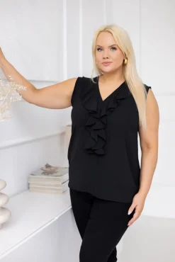 Damskie Włoski Czarna Bluzka z żabotem ZENTIO