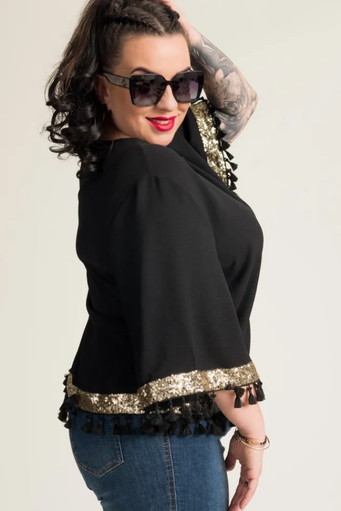 Damskie Polski Czarna Bluzka z frędzelkami GARMINA