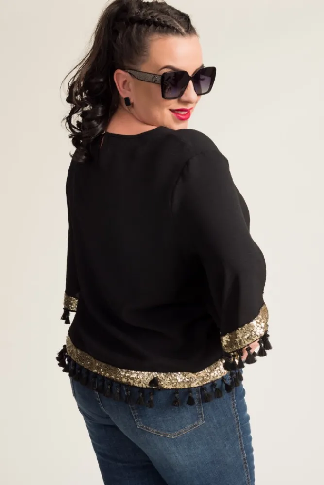 Damskie Polski Czarna Bluzka z frędzelkami GARMINA