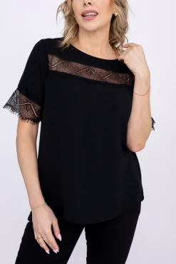 Damskie Włoski Czarna Bluzka z koronką BISUMI