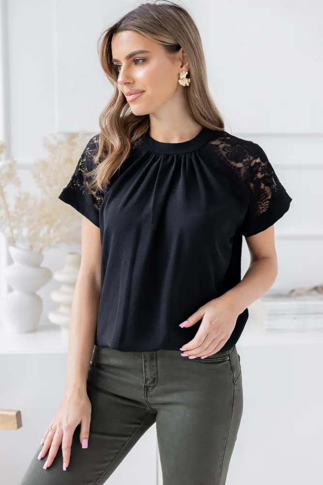 Damskie Włoski Czarna Bluzka z koronkowymi rękawami BELOXI