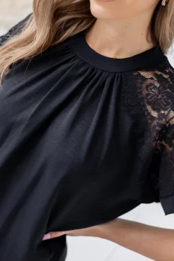 Damskie Włoski Czarna Bluzka z koronkowymi rękawami BELOXI