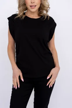 Damskie Włoski Czarna Bluzka z marszczeniem SIMON