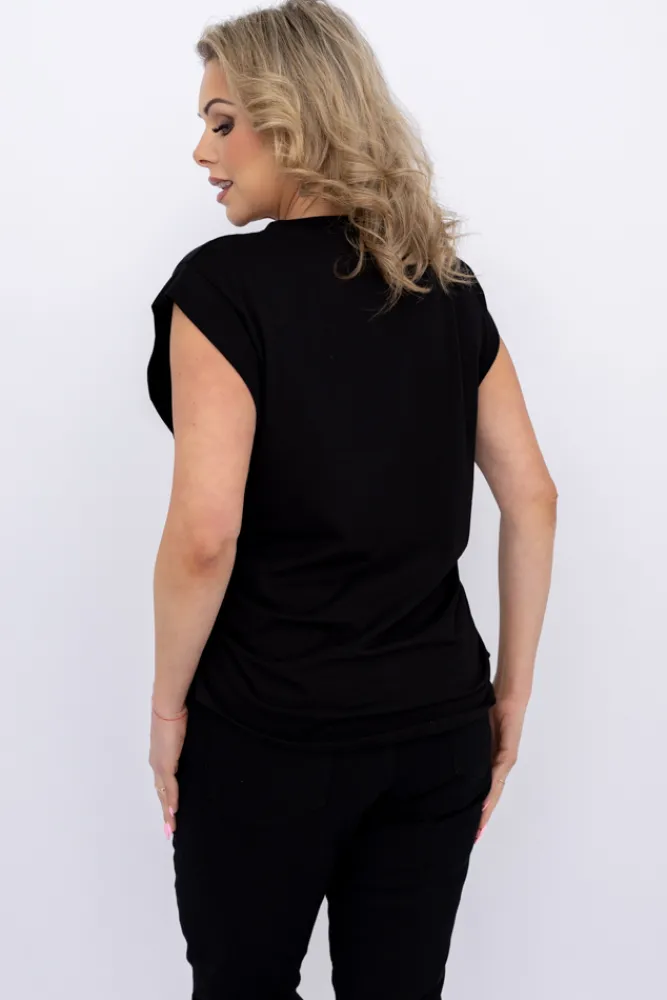 Damskie Włoski Czarna Bluzka z marszczeniem SIMON