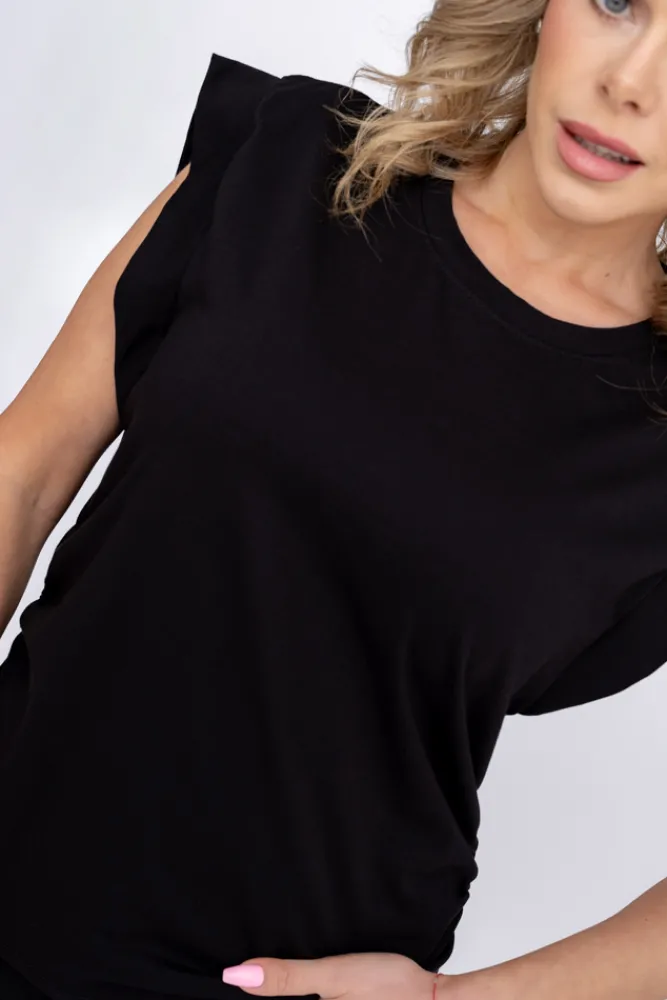 Damskie Włoski Czarna Bluzka z marszczeniem SIMON