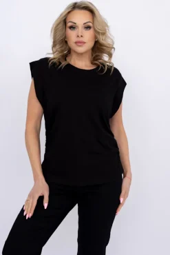 Damskie Włoski Czarna Bluzka z marszczeniem SIMON