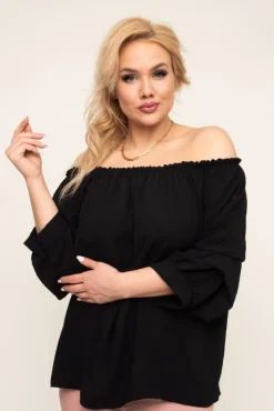 Damskie Włoski Czarna Bluzka z marszczonymi rękawami NANSI