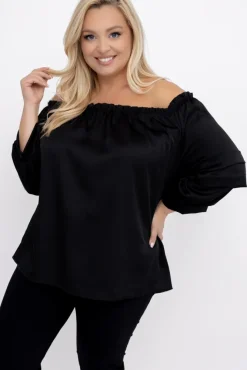Damskie Włoski Czarna Bluzka z marszczonymi rękawami HENDI