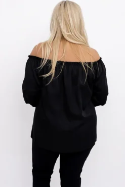 Damskie Włoski Czarna Bluzka z marszczonymi rękawami HENDI
