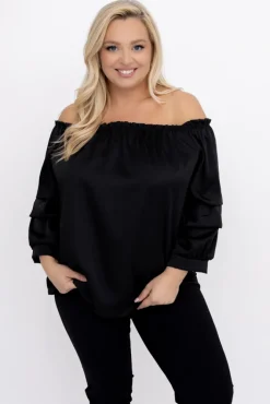 Damskie Włoski Czarna Bluzka z marszczonymi rękawami HENDI