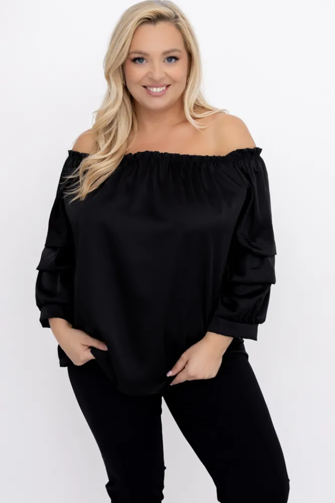 Damskie Włoski Czarna Bluzka z marszczonymi rękawami HENDI