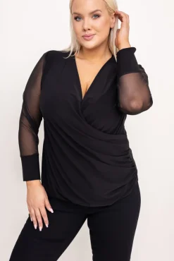 Damskie Polski Czarna Bluzka z prześwitującymi rękawami LINDER Wzór 2