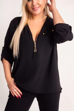 Damskie Włoski Czarna Bluzka z rozsuwanym dekoltem MERXIO