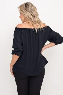 Damskie Włoski Czarna błyszcząca Bluzka z marszczonymi rękawami VENSI